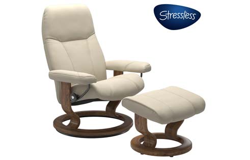 Consul Medium Stressless Chair and Ottoman in Batick cream