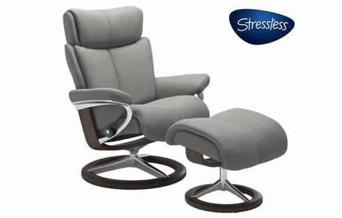 Magic Medium Stressless Chair and Ottoman with Signature Base in Paloma Silver Grey