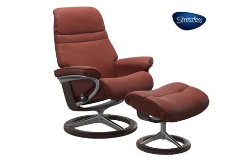 Sunrise Small Stressless Chair and Ottoman with Signature Base in Paloma Henna