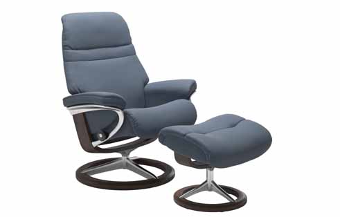 Sunrise Small Stressless Chair and Ottoman with Signature Base in Paloma Sparrow Blue