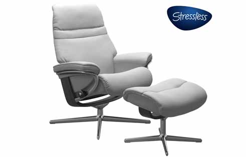 Sunrise Medium Stressless Chair and Ottoman X-Base in Paloma Misty Grey