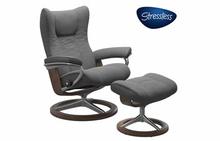 Wing Stressless Chair and Ottoman with Signature Base in Paloma Neutral Grey