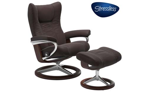 Wing Medium Stressless Chair and Ottoman with Signature Base in Paloma Chocolate