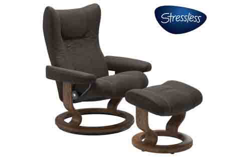Wing Large Stressless Recliner and Ottoman in Paloma Chestnut