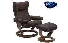Wing Large Stressless Recliner and Ottoman in Paloma Chocolate