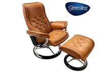 Royal Medium Stressless Chair and Ottoman with Signature Base in Paloma New Cognac