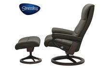 View Medium Stressless Chair and Ottoman with Signature Base in Paloma Dark Olive