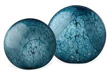 Cosmos Glass Spheres in Indigo Swirl  - Set of 2