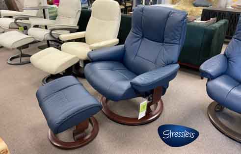 Mayfair Large Stressless Chair and Ottoman in Paloma Oxford Blue