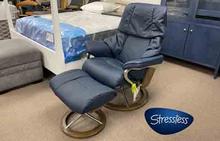 Reno Stressless Medium Chair and Ottoman with Signature base in Paloma Oxford Blue