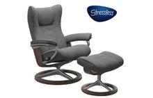Wing Large Stressless Chair and Ottoman with Signature Base in Paloma Neutral Grey