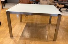 Spazio Dining Table in 36x48 Neige Glass with Stainless Steel Base