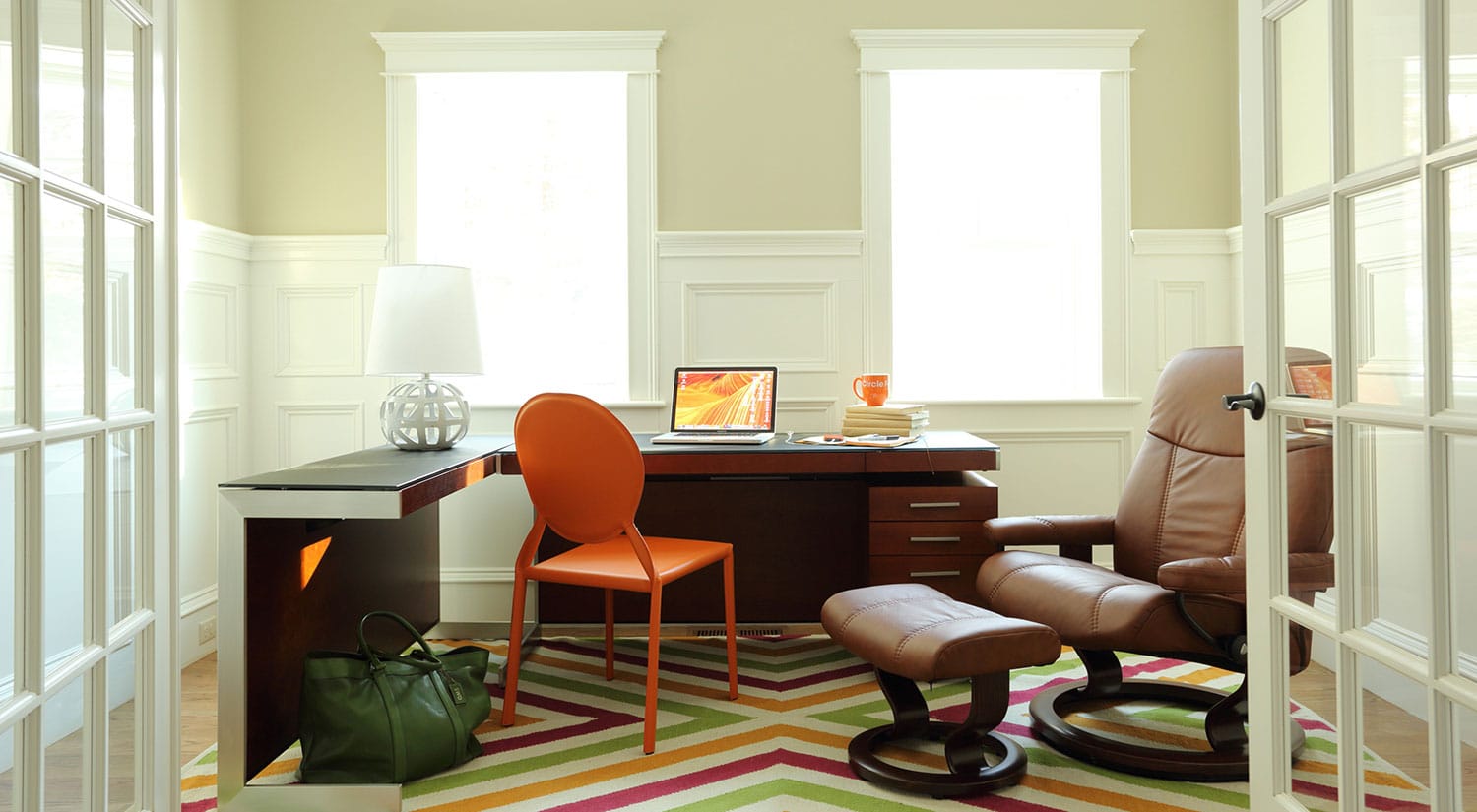 home office, desk, office chair, interior design, file cabinet, bookcase