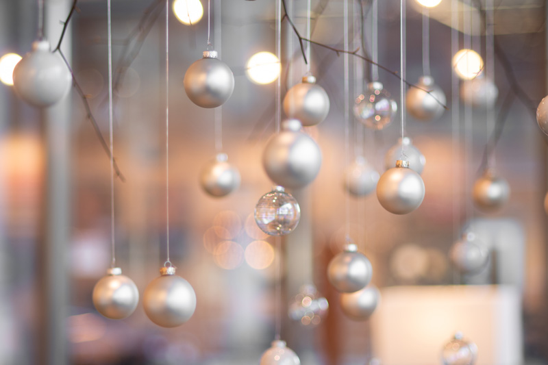silver and clear Christmas balls hanging